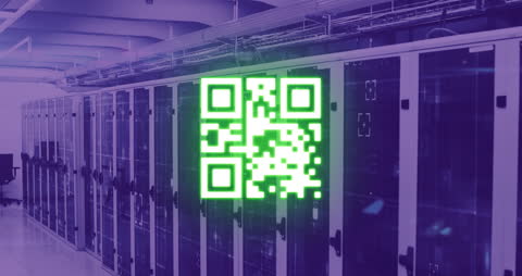 QR Code Overlay on Data Center Aisle with Server Racks