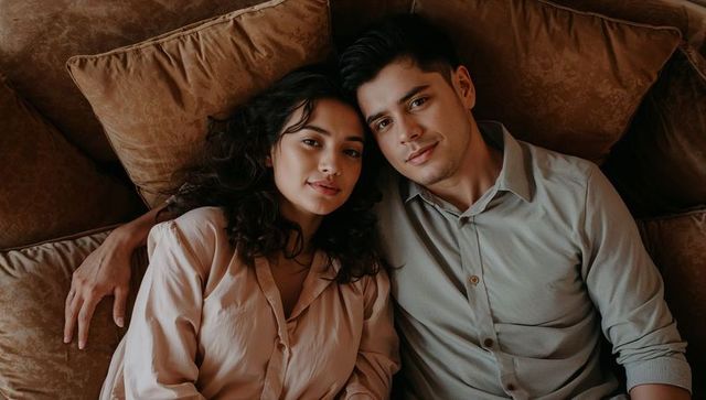 Young couple cuddling on sofa, relaxing together in cozy living room with warm tones
