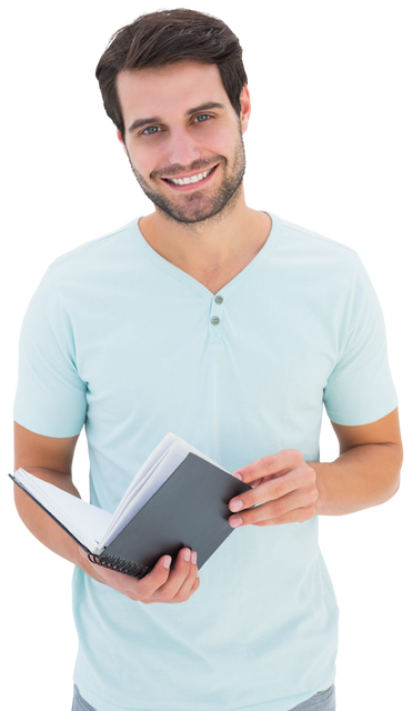 Smiling Caucasian Man Holding Notebook on Transparent Background - Download Free Stock Videos Pikwizard.com