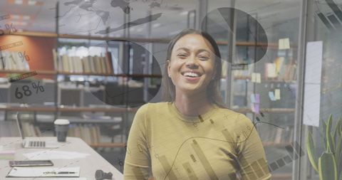 Smiling Businesswoman Analyzing Global Financial Data in Modern Office