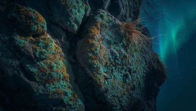 Moonlit Cliff Face Showing Turquoise Lichen and Orange Moss Under Northern Lights
