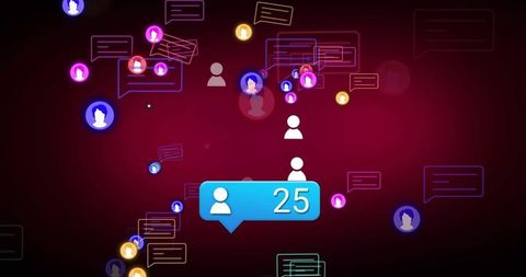 Blue notification bubble displaying 25 followers on neon social network interface