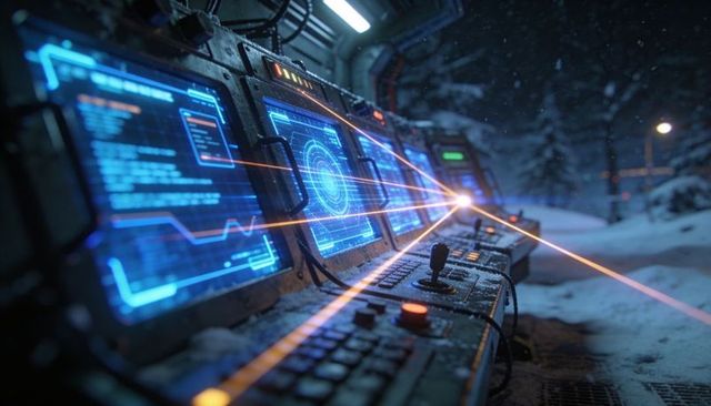 Rugged futuristic console bank projecting orange laser beams in snowy forest outpost