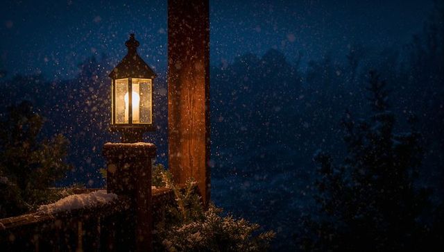 Glowing lantern on snowy cabin deck lighting quiet winter night with falling snowflakes