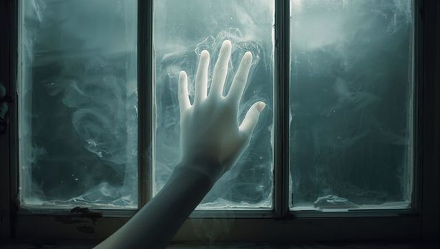 Solitary Hand Against Mystical Fogged Window in Dim Room