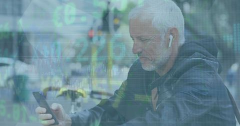 Senior Man Using Smartphone with Financial Data Overlay