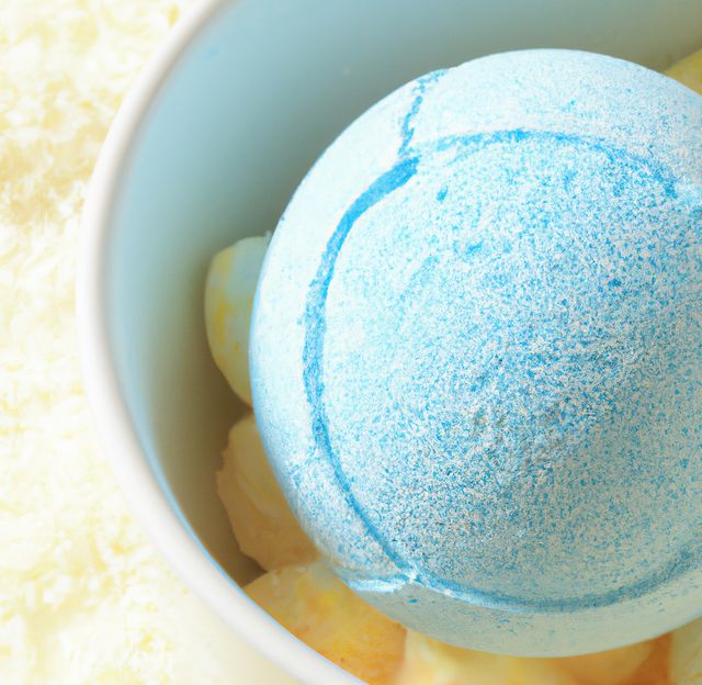A blue bath bomb resting in a white bowl, set against a yellow background. Perfect for promoting self-care, relaxation, and spa-themed advertisements. Ideal for blogs, social media posts, or websites related to bath products, luxury, and health.