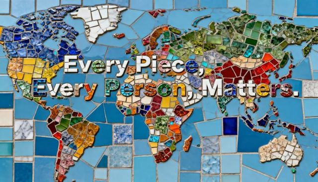 Mosaic world map mural with 3d lettering every piece every person matters vibrant unity