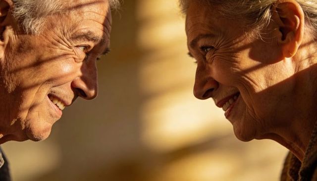Senior couple leaning close sharing warm golden hour sunlight and blinds shadow