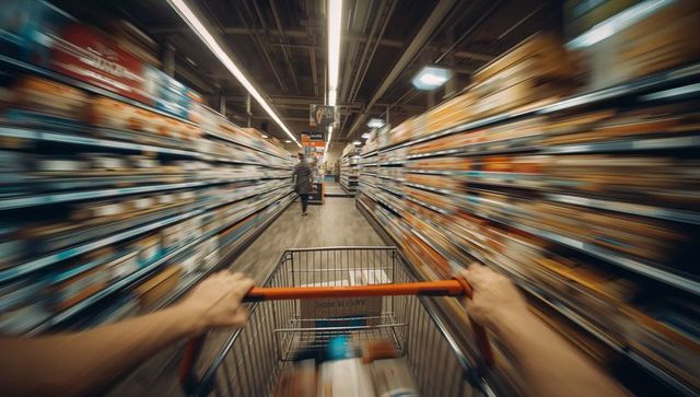Pushing shopping cart down supermarket aisle gripping orange handle motion blur retail pov