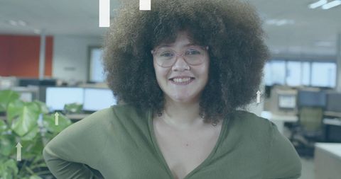 Confident Businesswoman in Modern Office with Data Analysis Overlay