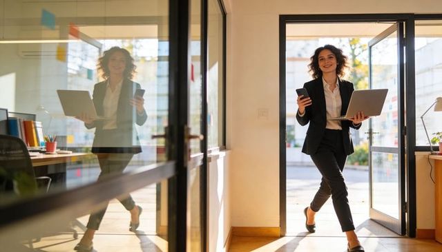Businesswoman walking through glass office doorway holding laptop and phone, smiling