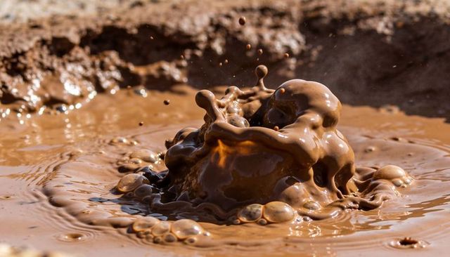 Sunlit mud geyser bubbling and sending glossy droplets and ripples in shallow pool
