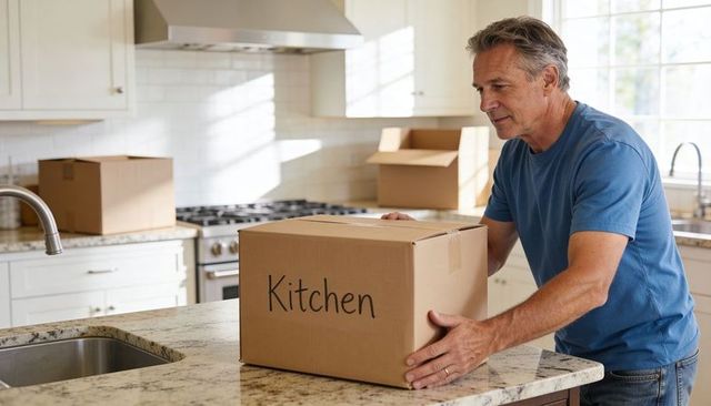 Senior man placing labeled kitchen box on granite island during move and unpacking