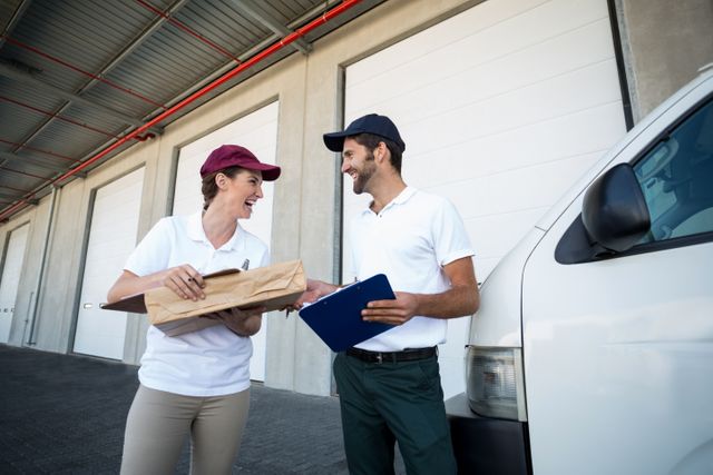 Two delivery workers, a man and a woman, are standing outside a warehouse. They are smiling and holding a parcel and a clipboard, indicating a successful delivery or logistics operation. Both are wearing uniforms and caps, suggesting professionalism and teamwork. This image can be used for themes related to delivery services, logistics, teamwork, and professional collaboration in the transportation industry.