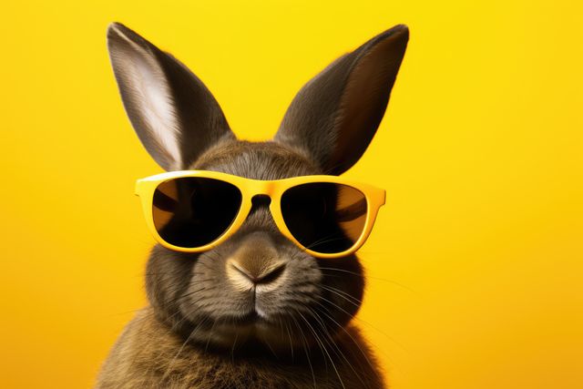 Rabbit wearing sunglasses on yellow background, created using generative ai technology. Rabbit, animal, summer and vacation concept digitally generated image.