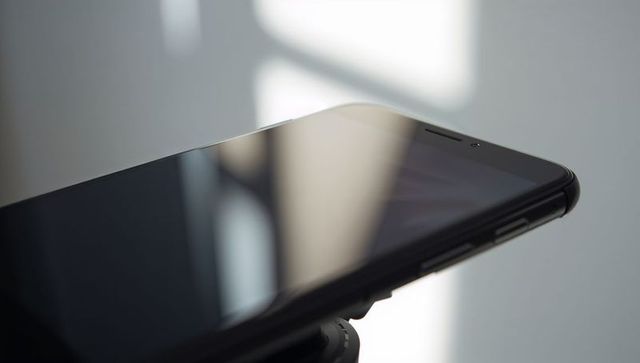 Black smartphone resting on clamp reflecting window light, close-up front camera and bezel detail