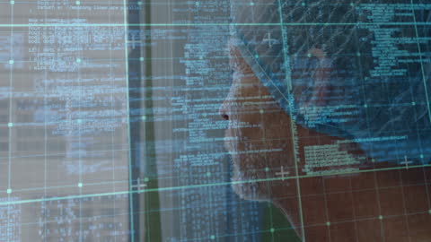 Senior Surgeon Reflecting with Digital Interface Overlay