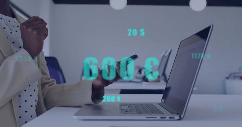 Businesswoman Analyzing Currency Overlays with Technology