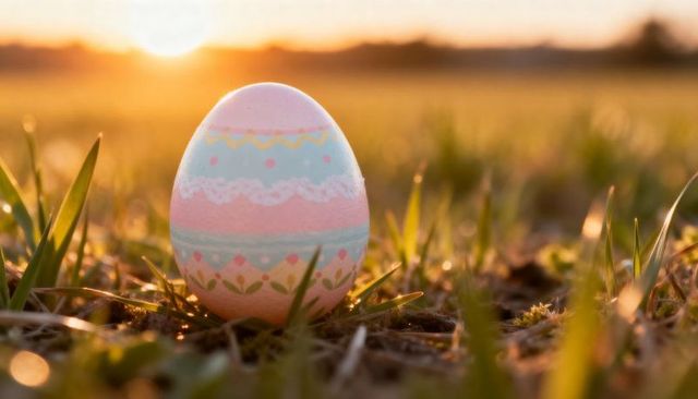 Pastel easter egg closeup backlit on grassy meadow at golden hour for spring promotions