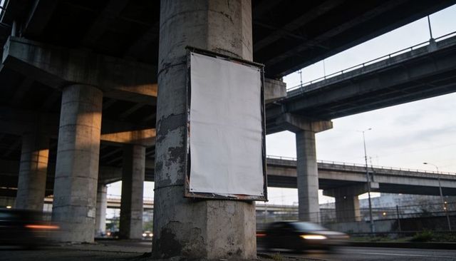 Displaying blank poster on concrete pillar under urban overpass at dusk with passing cars