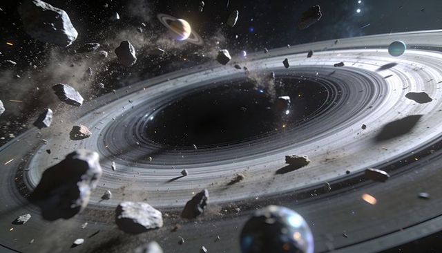 Swirling ring void with orbiting debris and floating asteroids in deep space