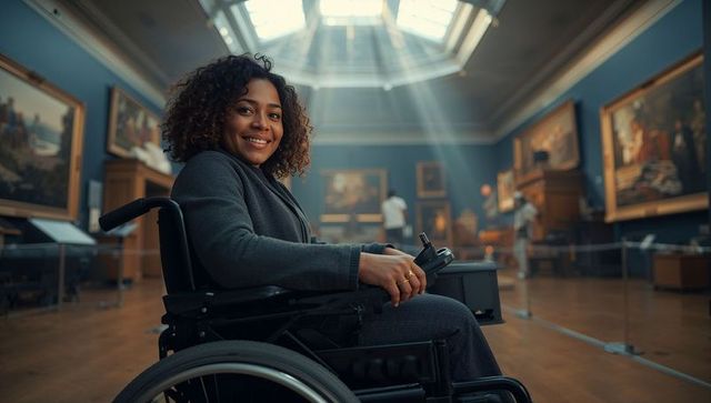 Visitor in wheelchair touring art museum with graceful smile