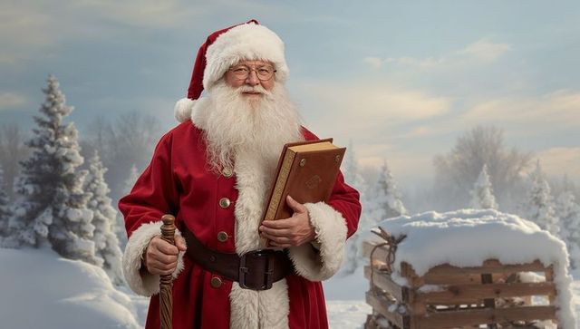 Jolly Santa Claus With Staff in Snowy Winter Wonderland