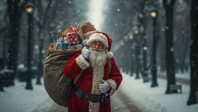 Santa claus walking in snowy winter forest with large gift sack