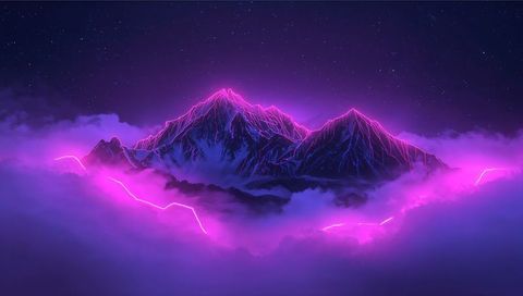 Glowing Neon Mountain Range Rising Above Cloudscape with Magenta Veins and Starry Night