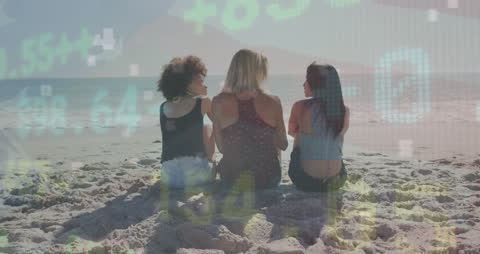 Diverse Friends Enjoying Beach Day with Digital Overlay