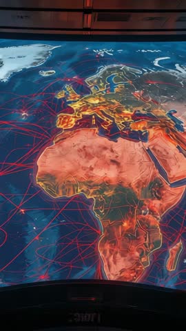 Vertical control room video displaying interactive Earth map with red network lines and nodes