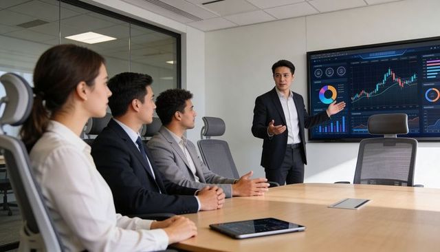 Executive presenting financial dashboard to team in modern boardroom during strategy