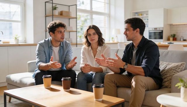 Three adults discussing ideas on sofa in bright open-plan living room with takeaway cups