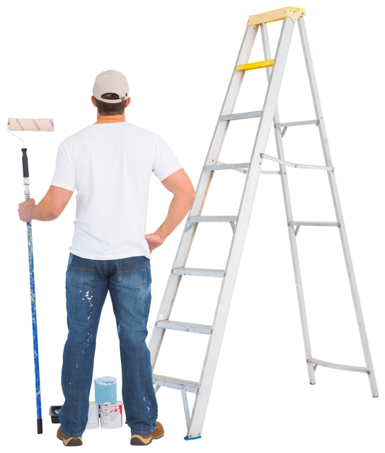 Male Painter with Roller by Ladder, Rear View Transparent Background - Download Free Stock Videos Pikwizard.com