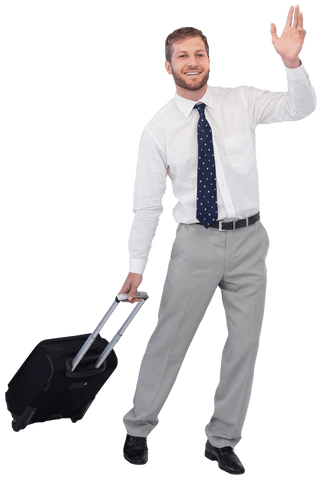 Transparent Businessman with Suitcase Waving Hello
