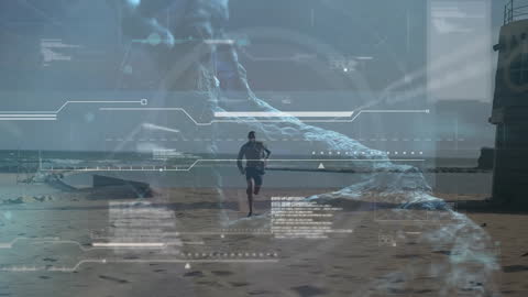 Futuristic Data Overlay with Man Running on Beach