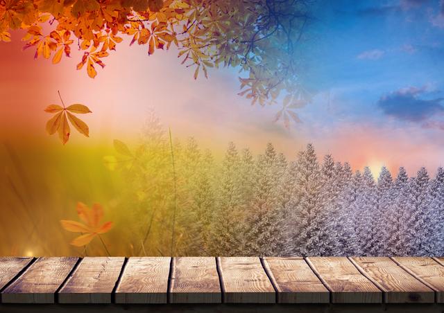 This digital composition creatively merges autumn and winter seasons, showing orange leaves alongside frost-tipped trees. The wooden walkway in the foreground provides a sense of direction and depth in the seasonal transition. Ideal for illustrating themes of change, nature, or outdoor explorations.