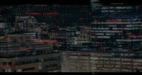 Holographic Code Overlay Showing Programming Text Over Blurred Night City Offices