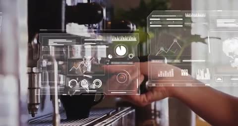 Barista Analyzing Coffee Data with Digital Display