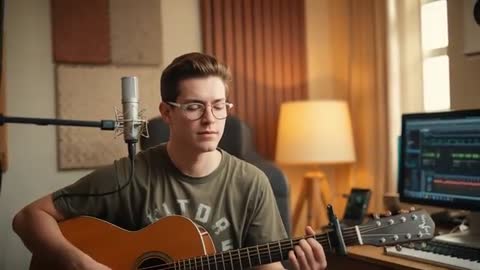 Young guitarist recording acoustic song in home studio, strumming with capo and condenser mic