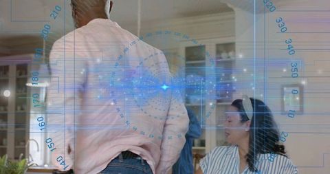 Family Gathering in Kitchen with Futuristic Blue HUD Overlay Displaying Digital Data