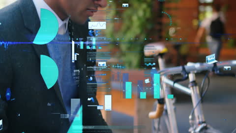Businessman Analyzing Data with AR Interface Outdoors