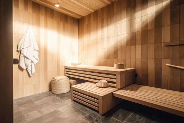 Interior of wooden sauna with bench and accessories, created using generative ai technology - Download Free Stock Photos Pikwizard.com