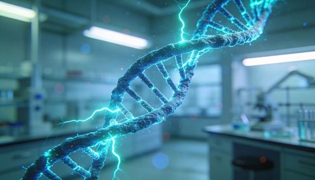 Glowing dna double helix emitting electric arcs in futuristic biotech lab