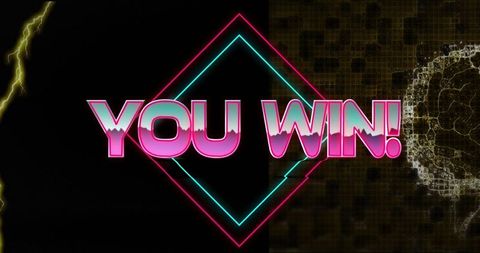 Futuristic neon you win text with digital circuit overlay