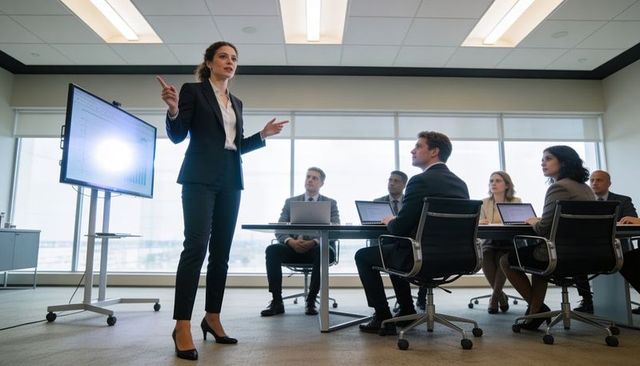 Female executive leading strategic presentation in modern boardroom with digital display