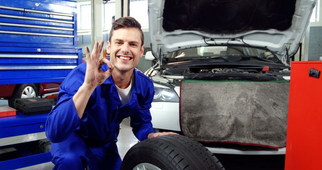 Mechanic in Blue Uniform Inspecting Car Engine and Tire - Download Free Stock Images Pikwizard.com