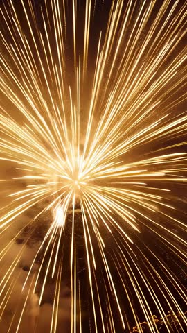 Vertical fireworks video showing golden burst radiating streaks of light across night sky