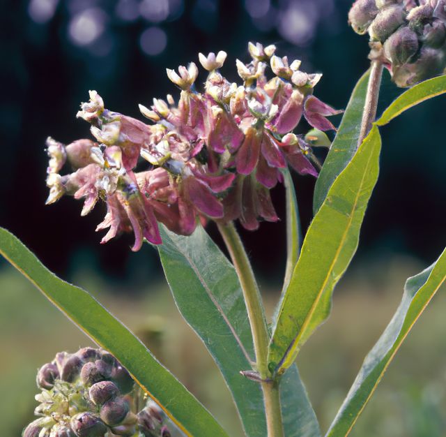 Close-up view of milkweed plant with blooming pink flowers and green leaves. Useful for nature, botanical studies, gardening inspiration, and illustrating floral beauty or natural habitats.
